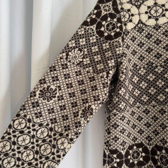 100% Wool Open Front Cardigan Brown Cream Geometric Scandi Pattern Medium - Picture 5 of 8